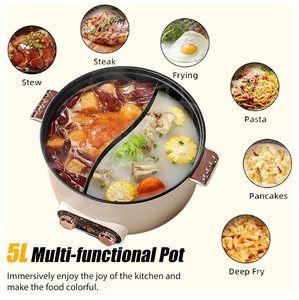 Nồi lẩu điện đa năng 5L hai vị, chống dính, 2 mức công suất điều chỉnh được 800W-1600W, có thể tùy chỉnh - Product Image 5