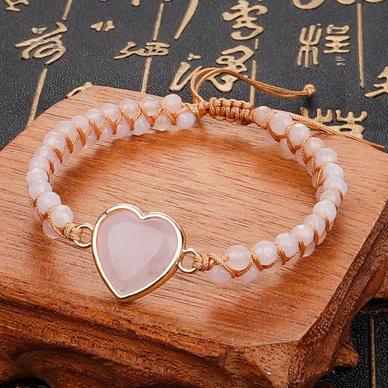 Friendship Healing Stones Jewelry Heart Charm Double Layers Rose Quartz Amethyst Stone Boho Wrap Bracelet Natural