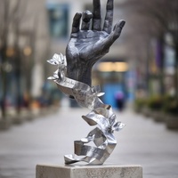 Sculpture de main de Bouddha en acier inoxydable moderne avec fleur de lotus pour jardin zen, décoration de bureau à domicile, taille personnalisée