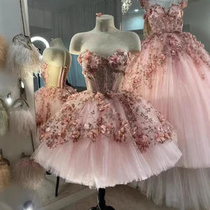 Gaun Pesta Panjang Tulle Mengkilap dengan Bunga 3D atau Gaun Quinceanera Pendek Model Sweetheart Tanpa Lengan Gaun <span class=keywords><strong>Prom</strong></span> Pesta dengan Korset Renda Gaun Malam - Product Image 2