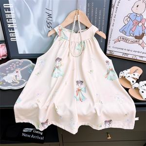 Meisjes zomer nieuwe stijl cheongsam prinsessenjurk met bloemenprint en temperamentvolle halslijn, polyester-spandex materiaal voor 3-8 jaar oud - Product Image 6