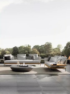 Custom Teak Wood Outdoor Patio <b>Sofa</b> Set, Waterproof Sunproof <b>Rattan</b> Wicker Garden Furniture Lounge <b>Sofa</b> with Coffee Table - Product Image 2
