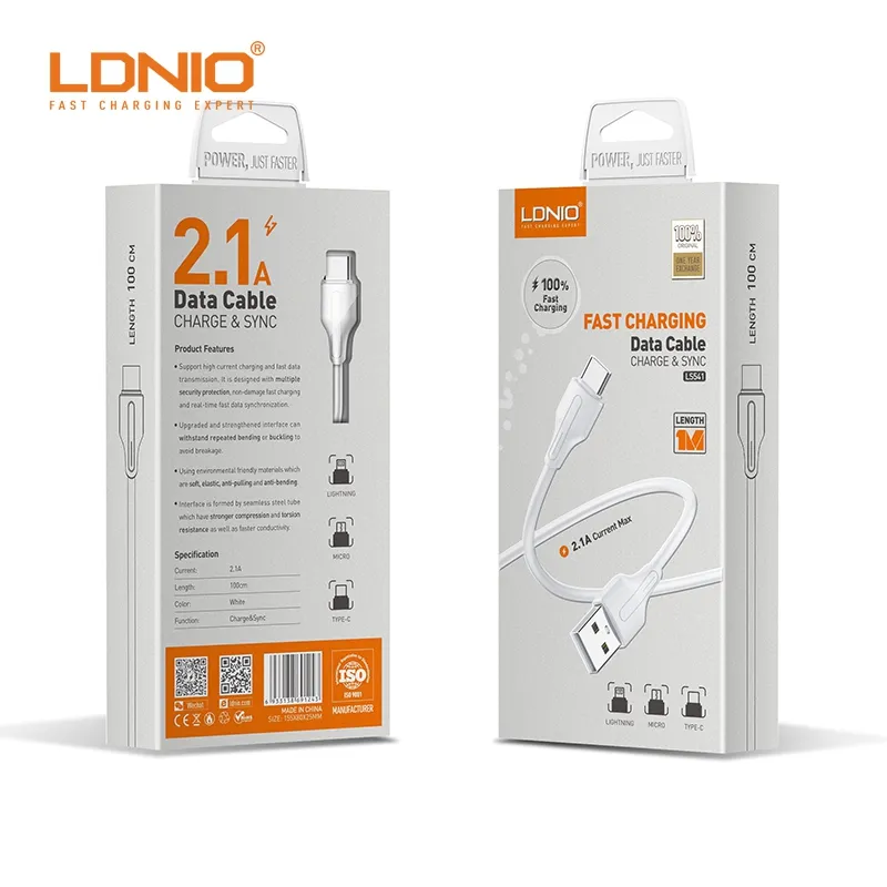 LDNIO LS541 1M Transfer Data Cable 2.4A Fast Charging PVC Simple Micro Usb Charger Standard Mobile Phone + Personal Computer
