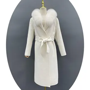 Gianefur prezzo di fabbrica cappotto di pelliccia con cappuccio in lana Cashmere lungo cappotto invernale da donna in lana con collo di volpe staccabile