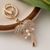Llavero Creativo de Diamantes con Diseño de Palmera Tropical, Colgante de Moda con Perlas para Bolso, Llavero Metálico para Coche, Regalo de Recuerdo