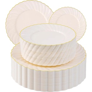 <span class=keywords><strong>Vaisselle</strong></span> élégante BST, assiettes jetables en <span class=keywords><strong>plastique</strong></span> beige, bord festonné, dentelle dorée, bordure dorée, pour mariage et fête - Product Image 2