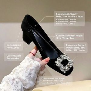 Frühling Sommer Formelle Slip-On Schuhe mit Erhöhung Mittlerer Absatz Einfarbig PU Quadratische Spitze Leichtgewichtig Flacher Einstieg Strass Professionell - Product Image 5