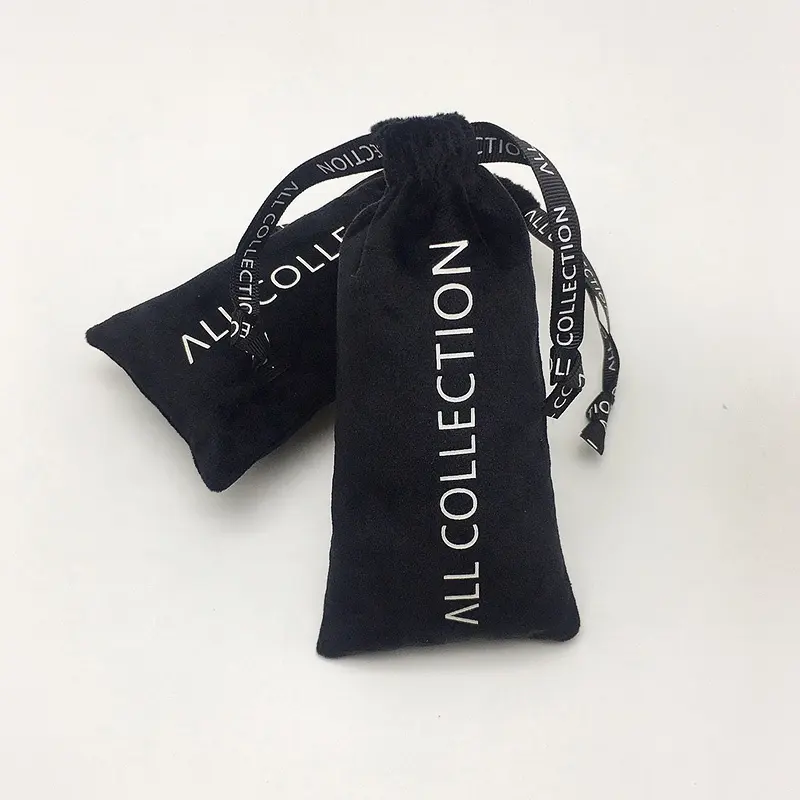 Pochette d'emballage recyclable en velours noir super doux sac d'emballage pour téléphone bouteille à cordon imprimé avec logo personnalisé