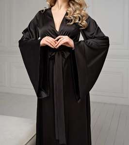 Kimono da Sposa Lungo in <span class=keywords><strong>Raso</strong></span> di Seta Nero da Donna, <span class=keywords><strong>Vestaglia</strong></span> con Scollo a V e Cintura, Maniche Svasate, Lussuoso Abito da Notte e da Casa - Product Image 2