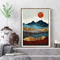 Peinture Diamant 5D Ronde Abstraite Coucher de Soleil Montagne Paysage Kits de Broderie Diamant pour Adultes Décoration Murale Artistique Scénique