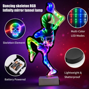 กระจกอินฟินิตี้ LED ลายโครงกระดูกฮาโลวีนสไตล์อาร์ตเดโค ผลิตตามสั่ง ขายส่ง ได้รับการรับรองมาตรฐาน ROHS เหมาะสำหรับร้านขายของที่ระลึกและโครงการสร้างแบรนด์ตามฤดูกาล - Product Image 2