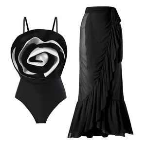 性感泳装3D花朵比基尼和遮盖裙两件套女性