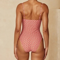 Maillot de bain une pièce pour femme, coupe haute, col carré, imprimé géométrique rouge, en spandex écologique, conception personnalisée OEM, fabricant de maillots de bain