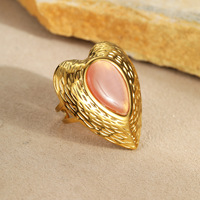 Ensemble de bijoux pour femme plaqué or 18 carats, avec bagues en pierres précieuses, motif cœur ouvert et pierre œil-de-chat, texture martelée rétro, pour une touche de style affirmé