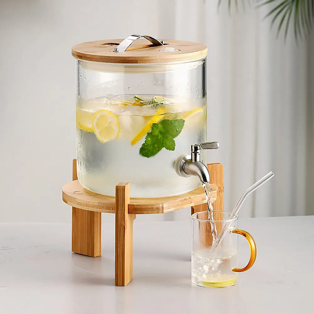 Erogatore per bevande in vetro borosilicato per uso alimentare 5L/7.5L/10L con distributore di bevande in vetro per rubinetto e supporto