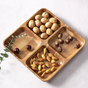 2024 Home And Kitchen Acacia Wood 4 Compartments Snack Fruit Serving Platter Plate Dish For Sale