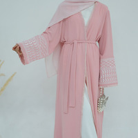 Abaya ouverte en crêpe palestinien brodé avec ceinture et poches, vente en gros, vêtements islamiques, robe musulmane pour femmes, abaya modeste de Dubaï