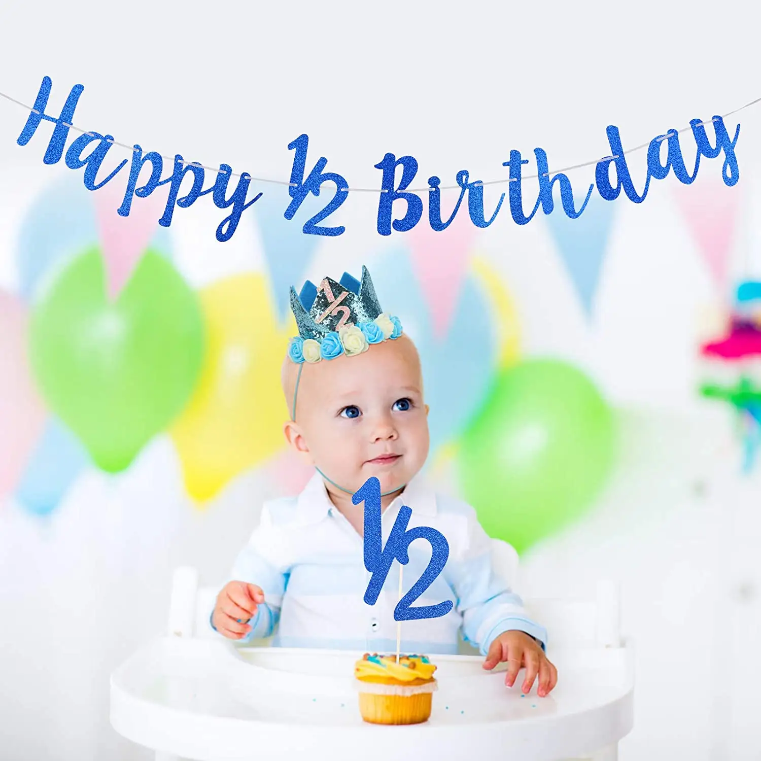 Blauw 1/2 Cake Topper Half Verjaardag Banner Kroon Voor Baby Boy 6 Maanden Gelukkig 1/2 Half Verjaardagsfeestje Supplies Decoraties