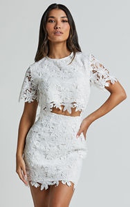 Personalizado O Pescoço Mangas Curtas Colheita Tops Chemical Lace Mini Saia Curta Fábrica de Roupas Co Ord Combinando Conjunto de 2 peças das Mulheres - Product Image 5