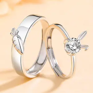 एससी लोकप्रिय रचनात्मक चांदी जोड़े के लिए उपहार स्टाइलिश चमकदार हीरे की खुली अंगूठी जोड़ी के लिए फैशन गाजर खरगोश के छल्ले