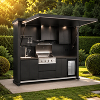 Unit Dapur Luar Ruangan dengan Kanopi Berlampu LED, Grill Terintegrasi, Wastafel, dan Kabinet Pendingin Minuman untuk Taman