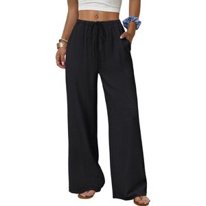 Pantalon large pour femme, taille haute, cordon de serrage, taille élastique, pantalon palazzo fluide avec poches, respirant, pour l'été, la plage, les vacances - Product Image 1
