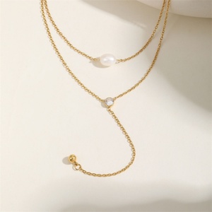 Collier Lariat Géométrique Tendance en Acier Inoxydable, Double Couche, Trois Breloques, Pendentif Perle Solide - Product Image 3