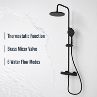 Système de douche thermostatique apparent noir mat, ensemble de douche murale ronde à effet pluie avec douchette à main 6 fonctions pour maison et hôtel