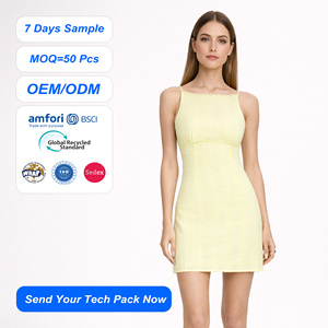 SHENGFU Robe d'été jaune mini pour <span class=keywords><strong>femme</strong></span>, sur mesure OEM, bretelles spaghetti, sexy, moulante, élégante, <span class=keywords><strong>chic</strong></span>, sans manches, <span class=keywords><strong>tenue</strong></span> de soirée - Product Image 1
