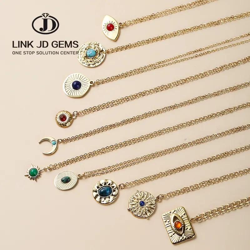 Bohemian Natural Stone Women Vintage Round Sun Rays Necklace Stainless Steel Chain Choker for Street Party Wedding Jewelry