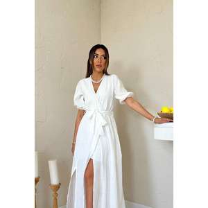 Vestido de Lino Blanco con Cuello Cruzado, Corte en A, Cintura Natural, Transpirable, Informal, para Uso Diario - Product Image 3