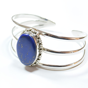 Pulsera brazalete de plata de ley 925 con lapislázuli, piedra preciosa azul natural ovalada, joyería llamativa para mujer, uso diario, regalo. - Product Image 1