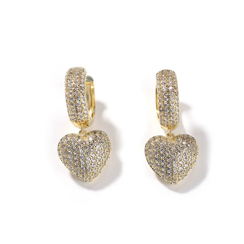 Hip Hop Heart Shape Stud Earring Fashion Women Jewelry Gold Plated Bling Iced Out CZ Diamond Drop Earring