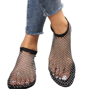 Sandalias de verano para mujer, con malla hueca y diamantes de imitación, planas, con apertura elástica en el tobillo, sin cordones, informales, para fiesta. - Product Image 6