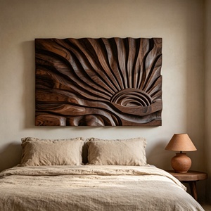 Escultura <span class=keywords><strong>de</strong></span> Pared Grabada en Madera Maciza <span class=keywords><strong>con</strong></span> Diseño <span class=keywords><strong>de</strong></span> Vetas <span class=keywords><strong>de</strong></span> <span class=keywords><strong>Hoja</strong></span> Radiantes, Decoración Texturizada en <span class=keywords><strong>Forma</strong></span> <span class=keywords><strong>de</strong></span> Amanecer para Hogar Contemporáneo - Product Image 2