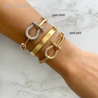 BM49486 Bracelet empilable en acier inoxydable avec chaîne épaisse à maillons trombone, fermoir mousqueton à vis, fermoir fer à cheval et breloque U Lock, bijoux équestres