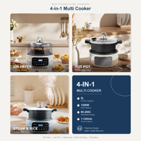 Cuisinière électrique 4-en-1 5L : Friteuse, Mijoteuse, Cuiseur à riz avec couvercle en verre pour la cuisine domestique et les réunions de famille