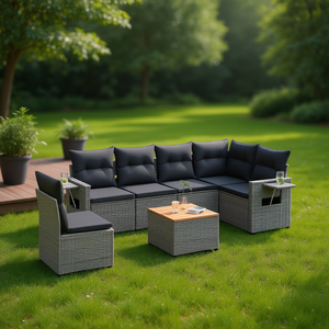 Ensemble de canapés de jardin en polyrotin gris 6 places avec pieds réglables, mobilier d'extérieur au design contemporain - Product Image 2