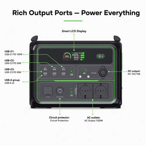 สถานีไฟฟ้าพกพา 1200W เครื่องกำเนิดพลังงานแสงอาทิตย์ 2 ช่องเสียบ AC ช่อง USB-C PD100W DC 12V หน้าจอ LCD อัจฉริยะ สำหรับสำรองไฟบ้าน ตั้งแคมป์ กิจกรรมกลางแจ้ง และกรณีฉุกเฉิน - Product Image 2