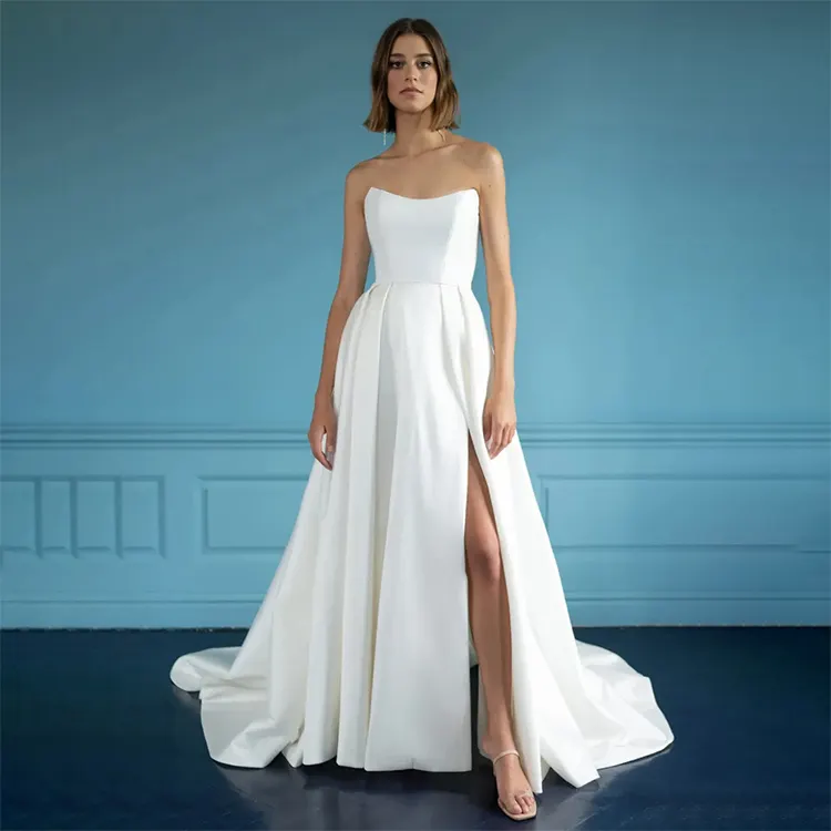 Kadınlar seksi özel basit A-line askısız beyaz parti kıyafeti Backless artı boyutu saten düğün elbisesi gelin için