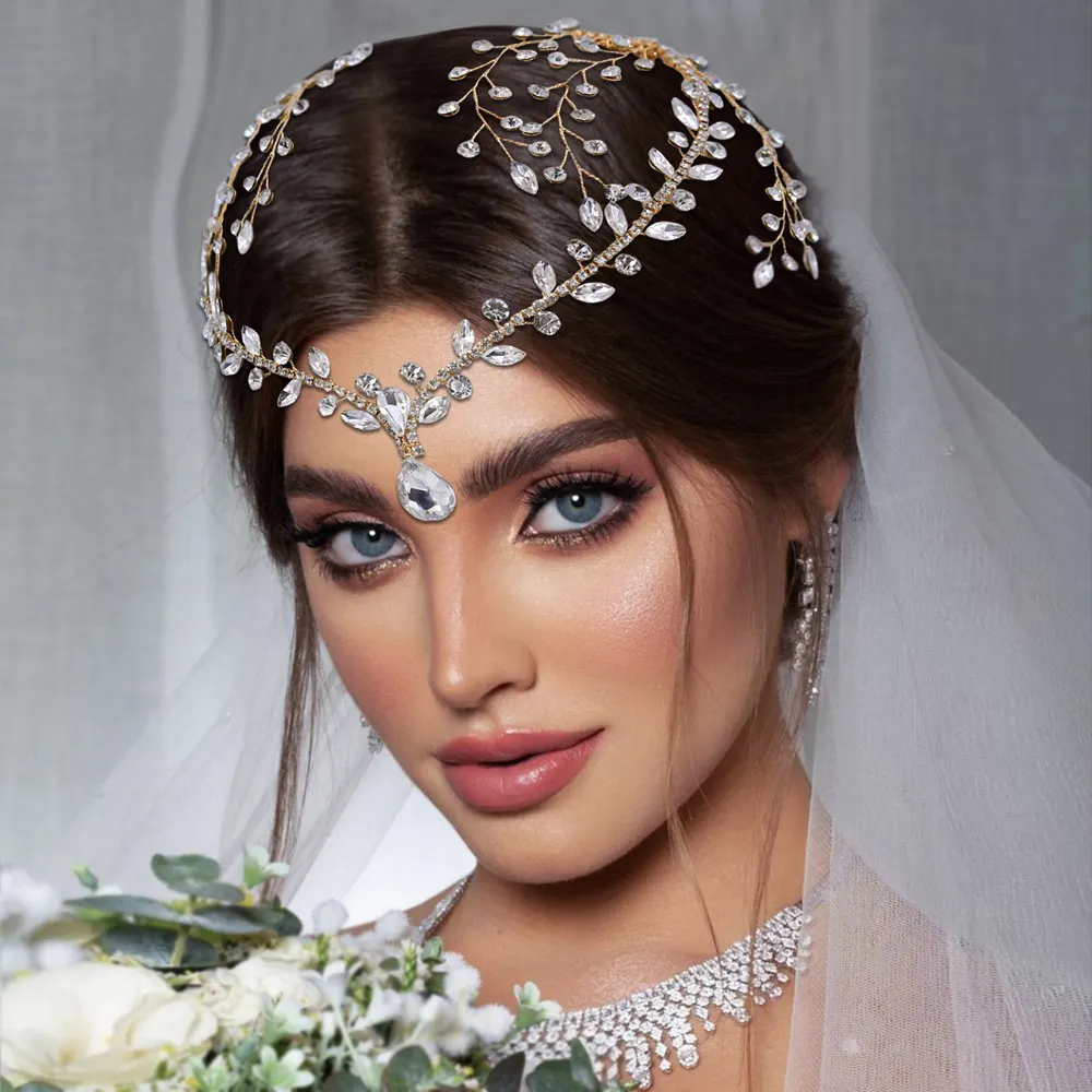 New Forehead Bridal Bling Crystal Headband Rhinestone Drop Hair Comb Wedding Hair Accessories NE1161