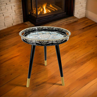 Plateau de service rond en plastique avec bordure dorée, motif craquelé noir vintage baroque, avec pieds détachables noir et or