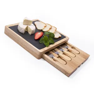 Papan Charcuterie Bambu Persegi, Set Papan Keju dan Pisau, Piring Daging dengan Pisau, Set Papan Potong Keju