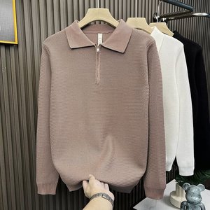 เสื้อสเวตเตอร์ไหมพรมผู้ชายแบบซิปครึ่งตัว ทรงหลวม ใส่ได้ทั้งฤดูใบไม้ร่วงและฤดูหนาว สีขาว ดำ กาแฟ ไซส์ M L XL 2XL 3XL เสื้อชั้นในสำหรับวัยรุ่น - Product Image 4