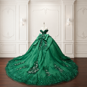 Lsmc140 Elegant <b>Emerald</b> Quinceanera Gown Boat Neck Corset Sparkly Organza Floor-Length Ball <b>Dress</b> Lace Applique Party for - Product Image 4