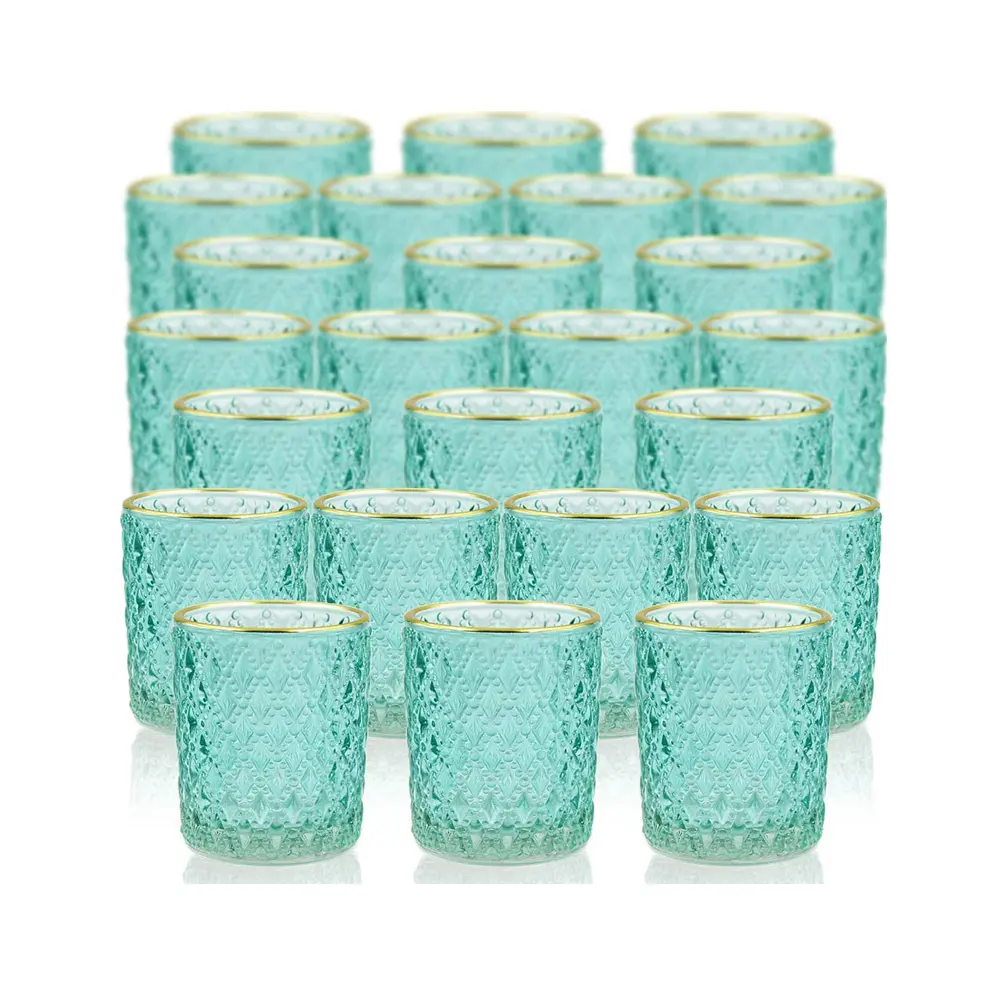 Suporte de velas de vidro, velas de chá azul, primavera com linha dourada, decorativo
