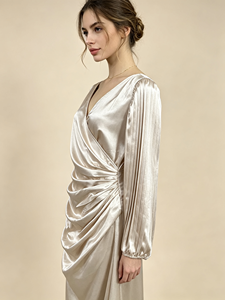 Vestido Largo de Satén para Mujer, Cuello en V, Manga Larga Abullonada, Estilo Cruzado y Fruncido, Vestido de Noche Elegante para Dama de Honor, Fiesta Formal - Product Image 2