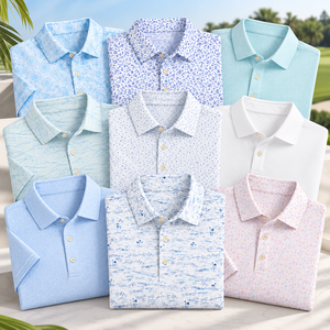 Les Polos Tee-Shirt : Polos imprimés pour hommes avec motifs floraux délicats et micro-imprimés abstraits dans des couleurs pastel pour l'été - Product Image 1