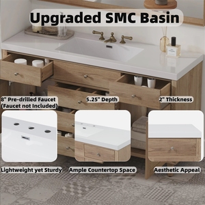 Mueble de Baño de 60 Pulgadas con Lavabo SMC, Moderno Gabinete de Almacenamiento Grande con Cajones de Cierre Suave y Puertas de Ratán - Product Image 3