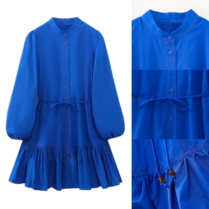 08 elegante <span class=keywords><strong>abito</strong></span> di media lunghezza a girocollo a <span class=keywords><strong>maniche</strong></span> <span class=keywords><strong>lunghe</strong></span> con girocollo <span class=keywords><strong>blu</strong></span> elegante da donna con camicie Decorative a strati francesi - Product Image 2